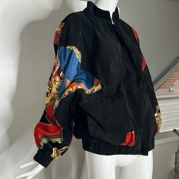 Cache Sz M Vintage Black Suede Snakeskin and Velvet Appliqué Bomber Zip Jacket - Picture 6 of 16
